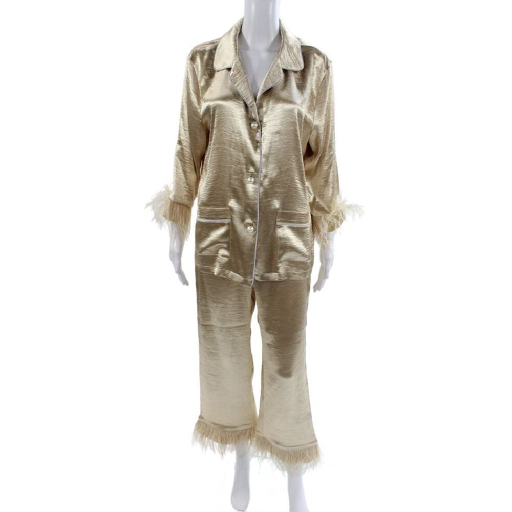 ITMFL Women Capri Pajama Set Gold Collared Long Sleeve Polyester Size S